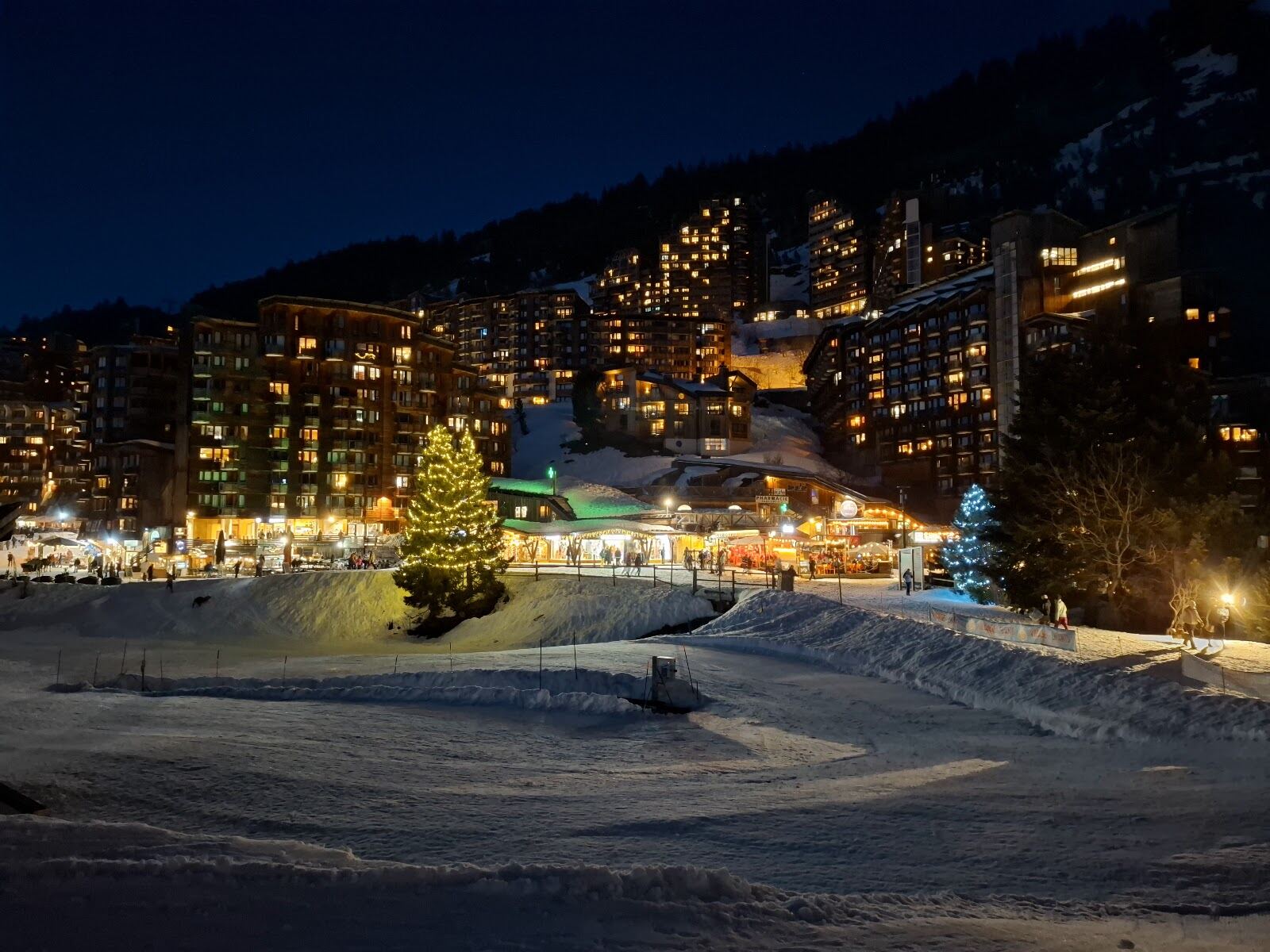 The timber clad car free village of Avoriaz under snow