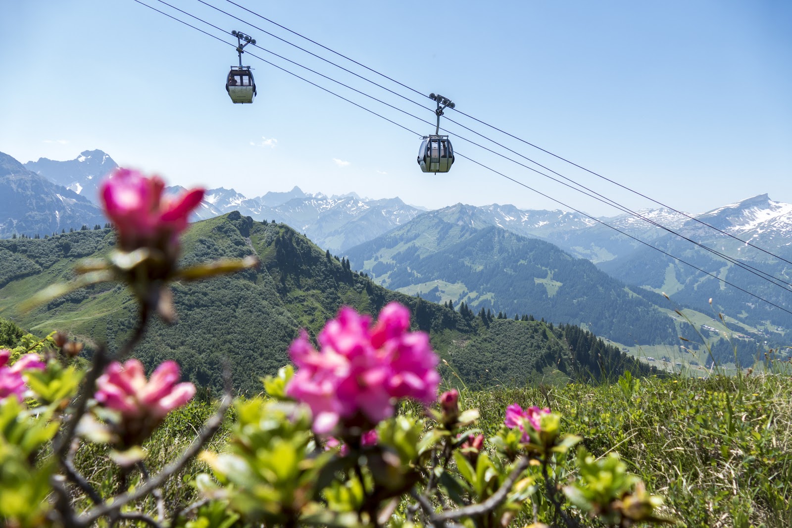 Panoramic Allgau Alps and pisted slopes on the Fellhorn above Oberstdorf, Germany