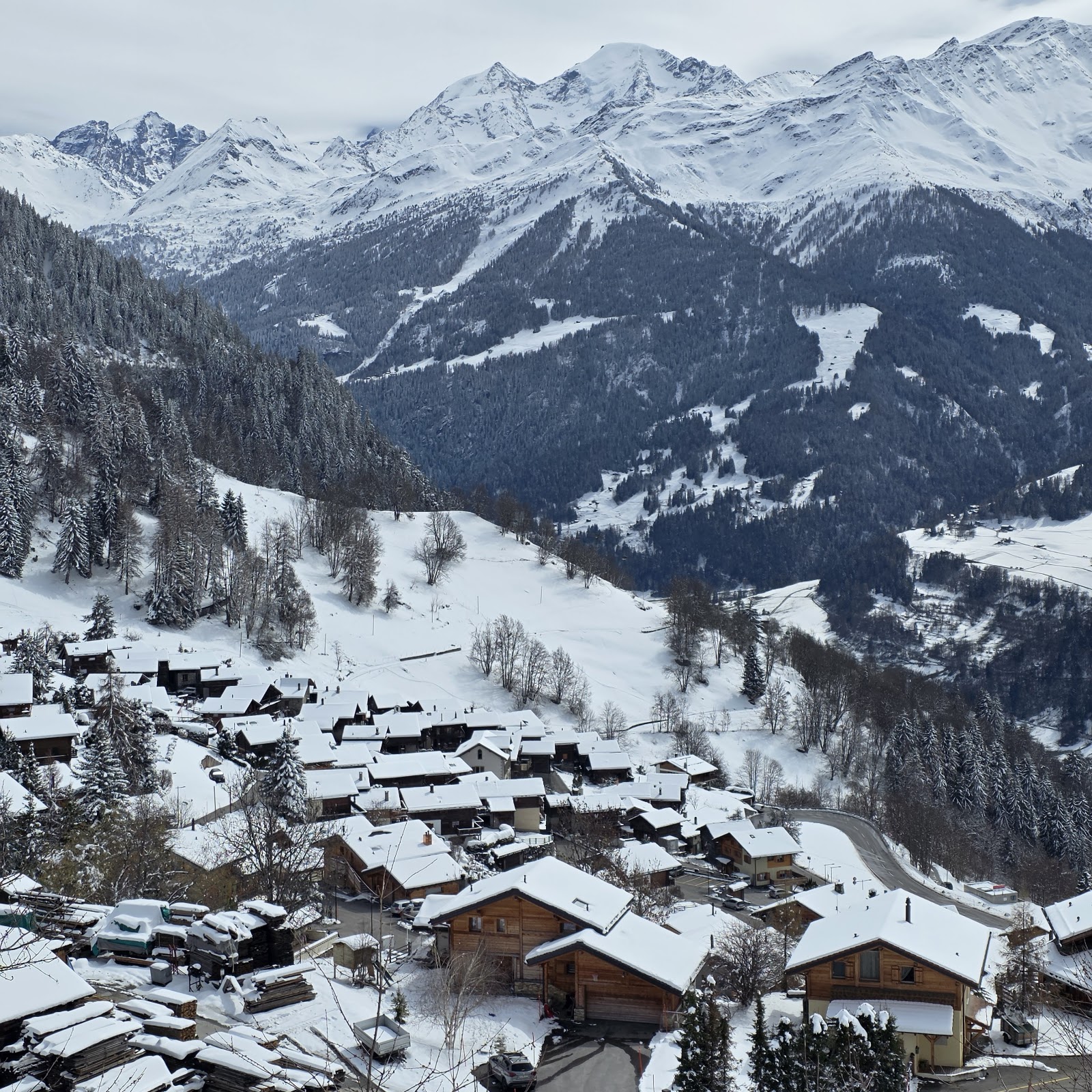 The village of Verbier on its sunny shelf above the Val de Bagnes